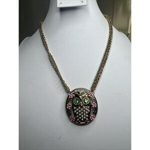 Betsey Johnson Gold tone Owl Pink rhinestones  Faux Pearls Necklace